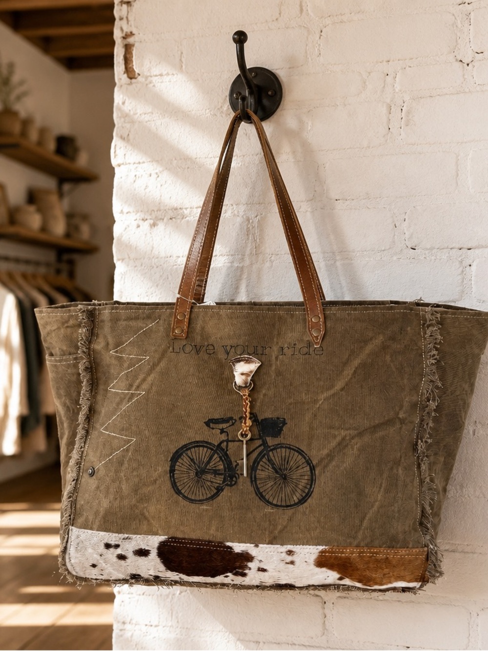 New Canvas and Leather Brown Tote Bag with Bicycle Print XL Weekender Cowhide